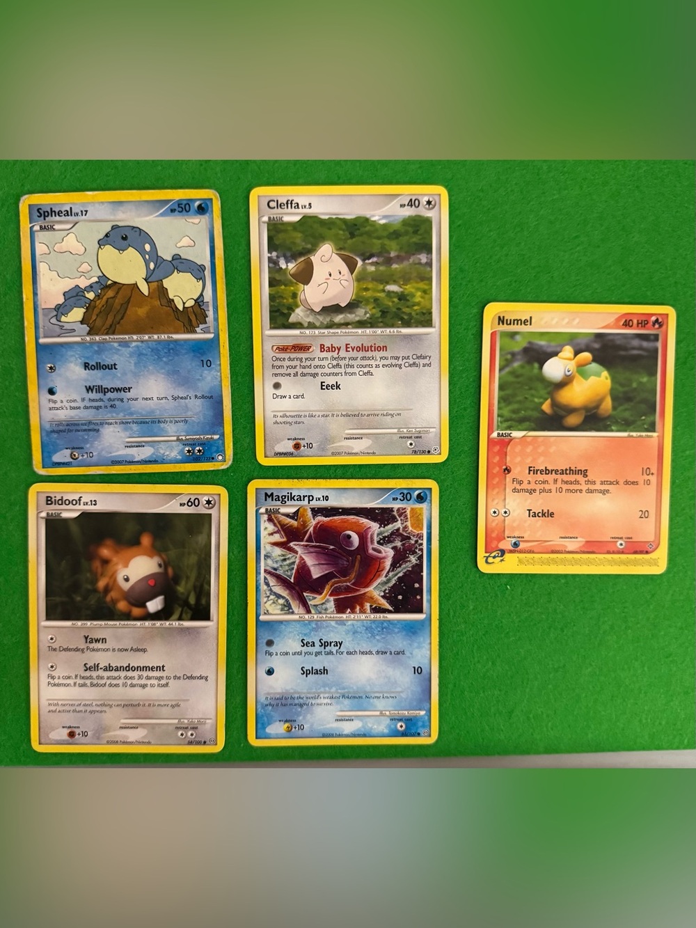 Vintage Pokémon Card Lot of 5 Spheal Cleffa Numel Bidoof Magikarp

Descri